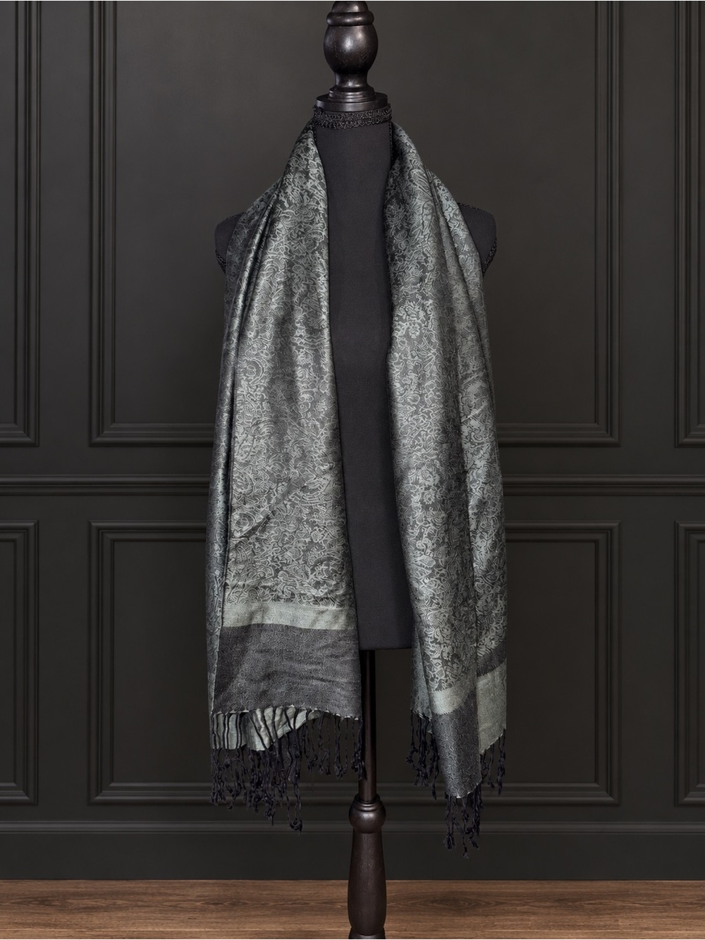 70% Pashmina 30% Silk Paisley Stole Shawl Wrap Gray Black Fringe